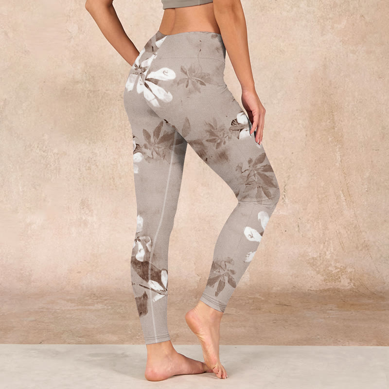Buddha Stones White Brown Flowers Pattern Gym Leggings Women's Yoga Pants - image 2