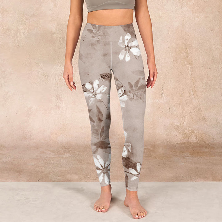 Buddha Stones White Brown Flowers Pattern Gym Leggings Women's Yoga Pants - image 1