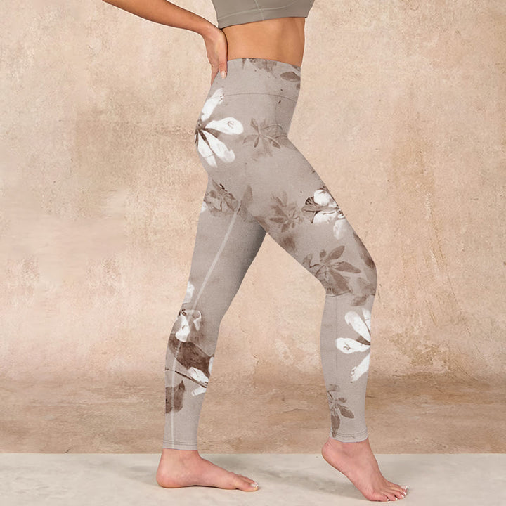 Buddha Stones White Brown Flowers Pattern Gym Leggings Women's Yoga Pants - image 16