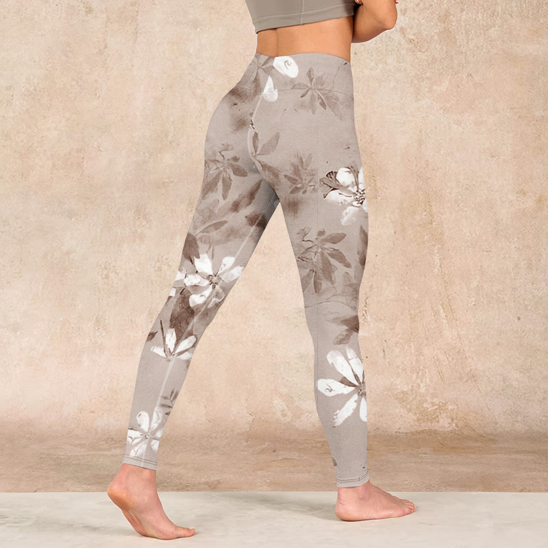 Buddha Stones White Brown Flowers Pattern Gym Leggings Women's Yoga Pants - image 4
