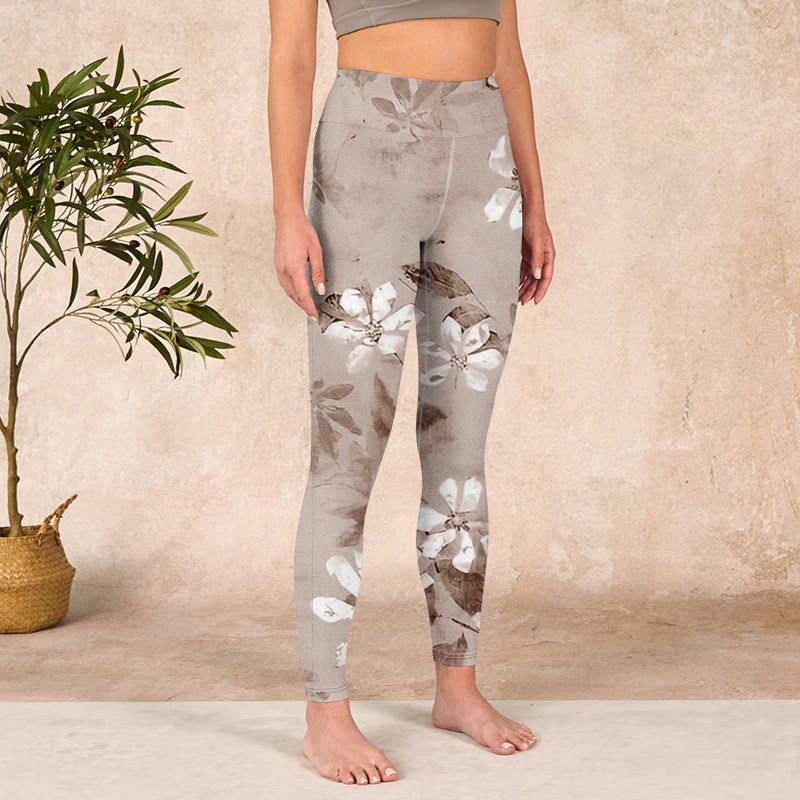 Buddha Stones White Brown Flowers Pattern Gym Leggings Women's Yoga Pants - image 3
