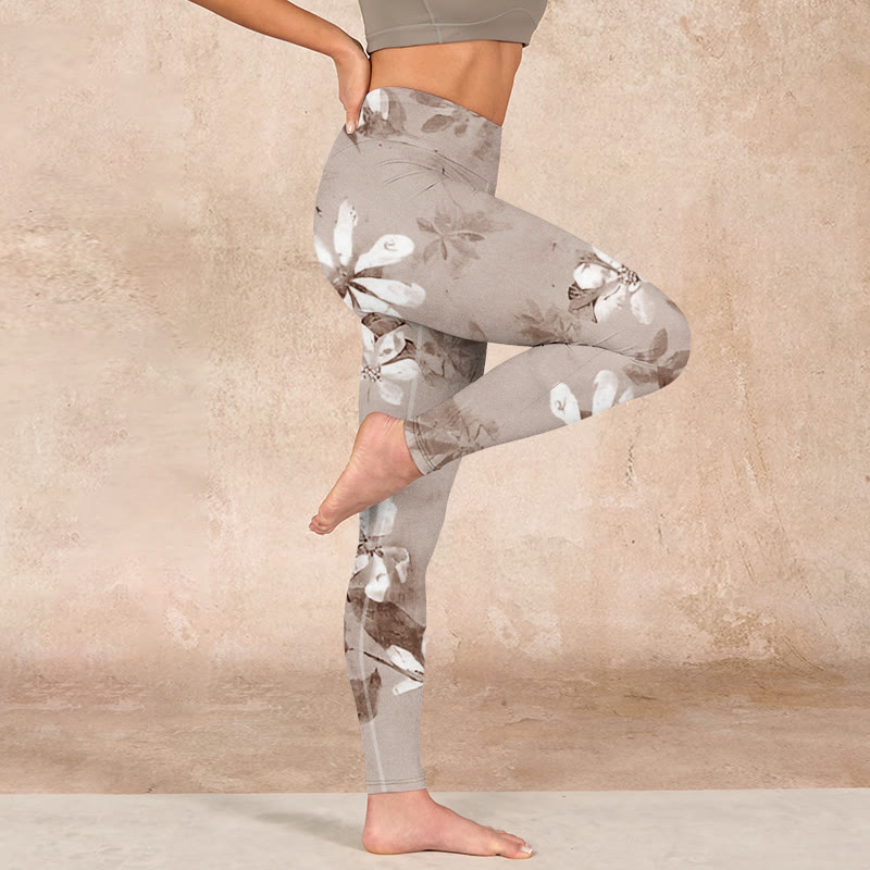 Buddha Stones White Brown Flowers Pattern Gym Leggings Women's Yoga Pants - image 15