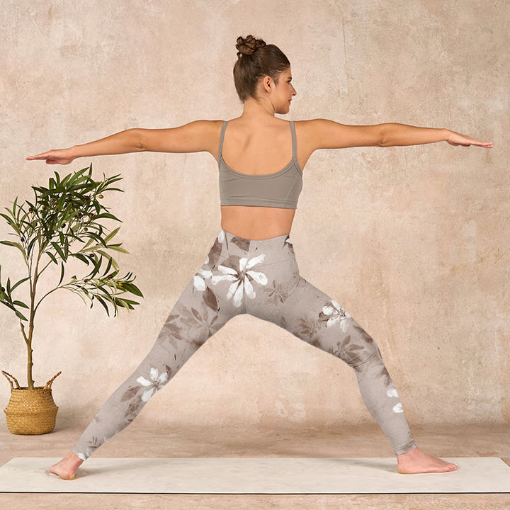 Buddha Stones White Brown Flowers Pattern Gym Leggings Women's Yoga Pants - image 10