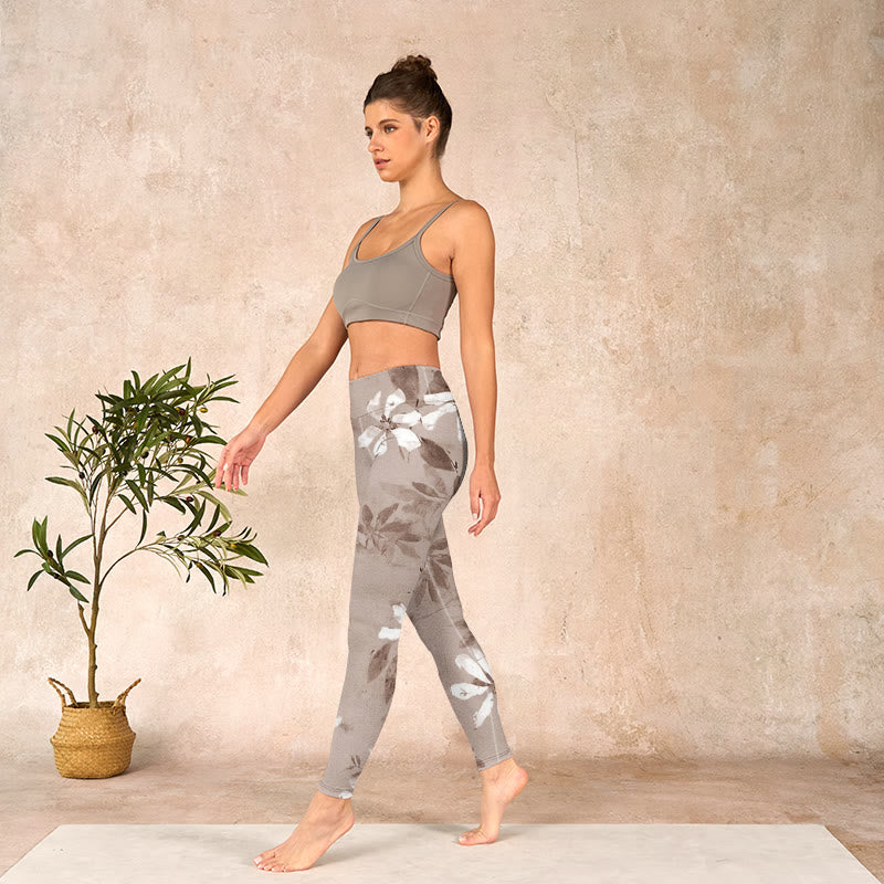 Buddha Stones White Brown Flowers Pattern Gym Leggings Women's Yoga Pants - image 12
