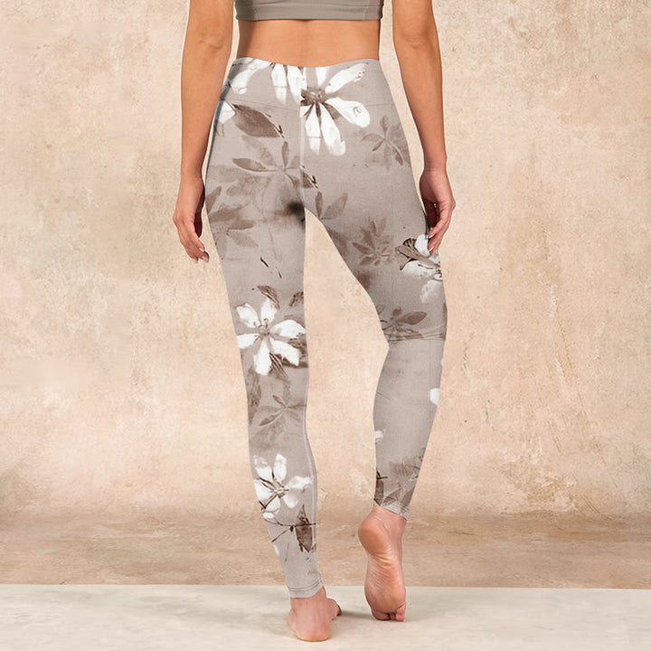Buddha Stones White Brown Flowers Pattern Gym Leggings Women's Yoga Pants - image 14
