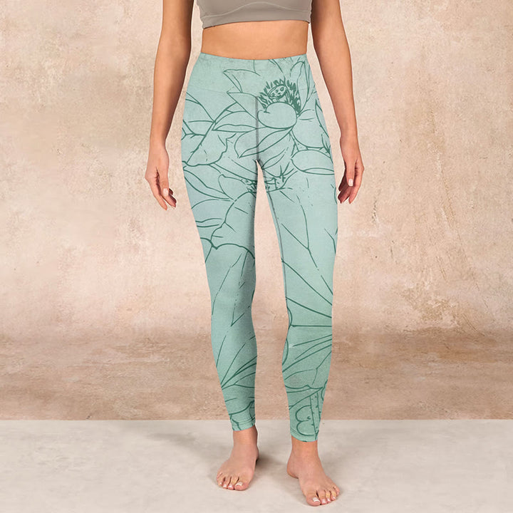 Buddha Stones Green Lotus Flower Print Sports Leggings Women's Yoga Pants - image 1