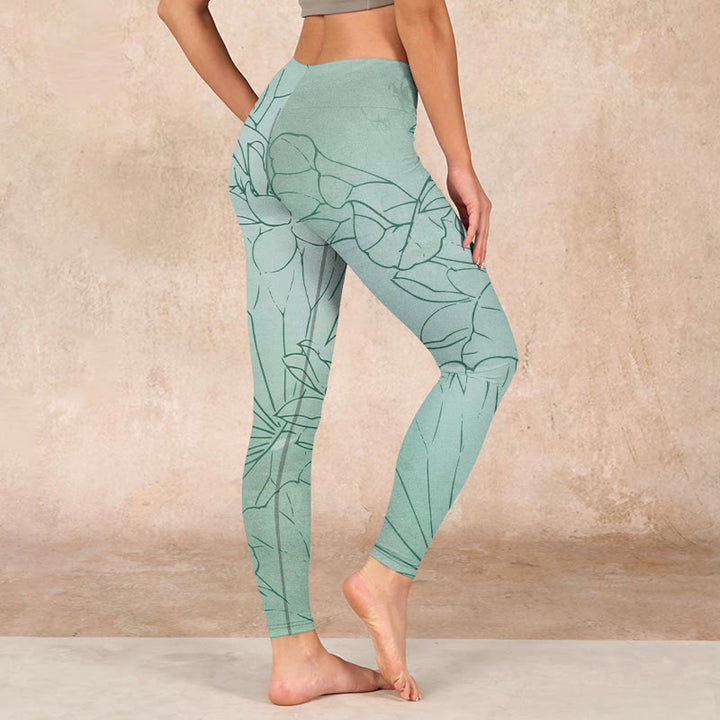Buddha Stones Green Lotus Flower Print Sports Leggings Women's Yoga Pants - image 2