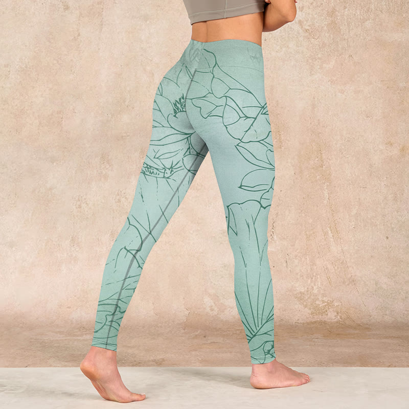 Buddha Stones Green Lotus Flower Print Sports Leggings Women's Yoga Pants - image 4