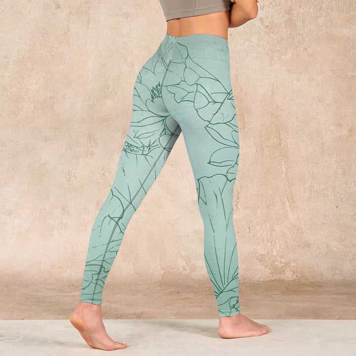 Buddha Stones Green Lotus Flower Print Sports Leggings Women's Yoga Pants - image 4