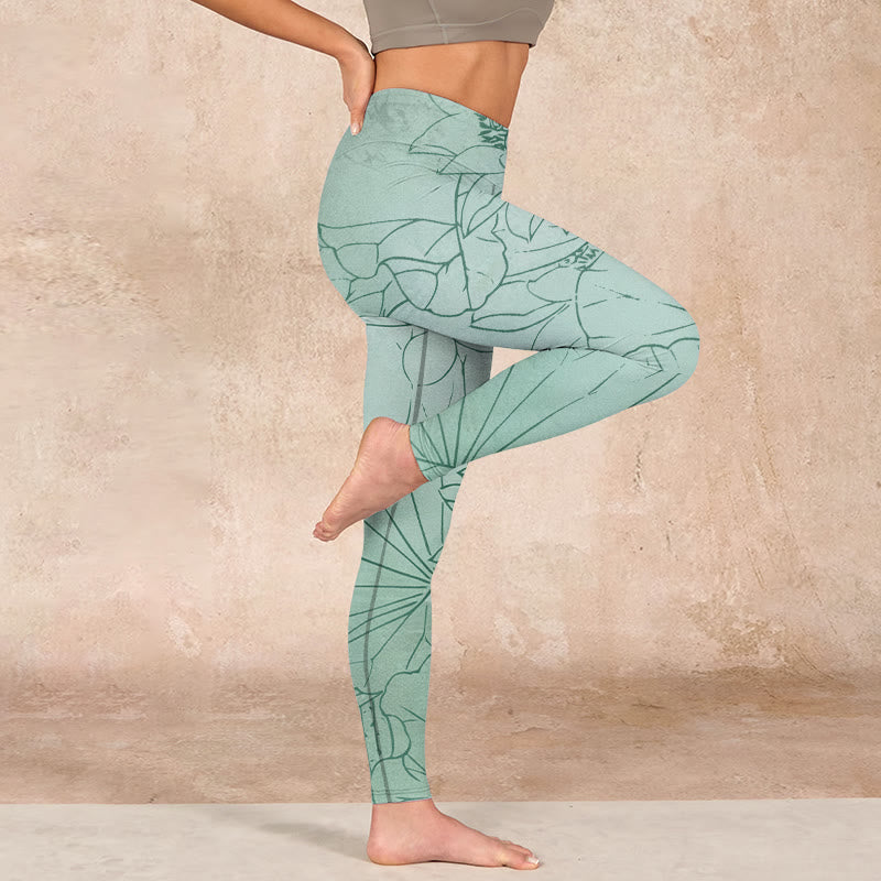 Buddha Stones Green Lotus Flower Print Sports Leggings Women's Yoga Pants - image 15