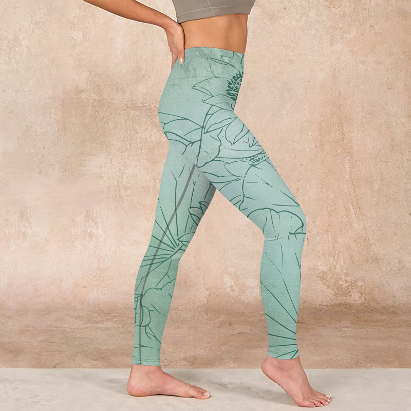 Buddha Stones Green Lotus Flower Print Sports Leggings Women's Yoga Pants - image 14