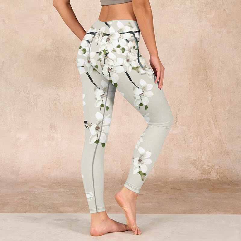 Buddha Stones White Magnolia Flower Print Sports Fitness Leggings Women's Yoga Pants - image 2