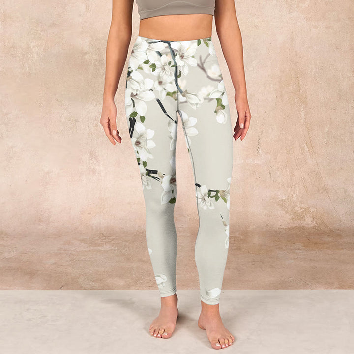 Buddha Stones White Magnolia Flower Print Sports Fitness Leggings Women's Yoga Pants - image 1