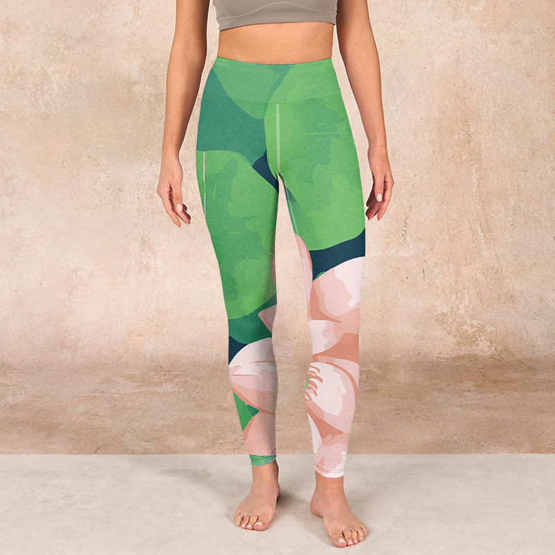 Buddha Stones Green Lotus Flower Leaf Print Sports Fitness Leggings Women's Yoga Pants - image 1