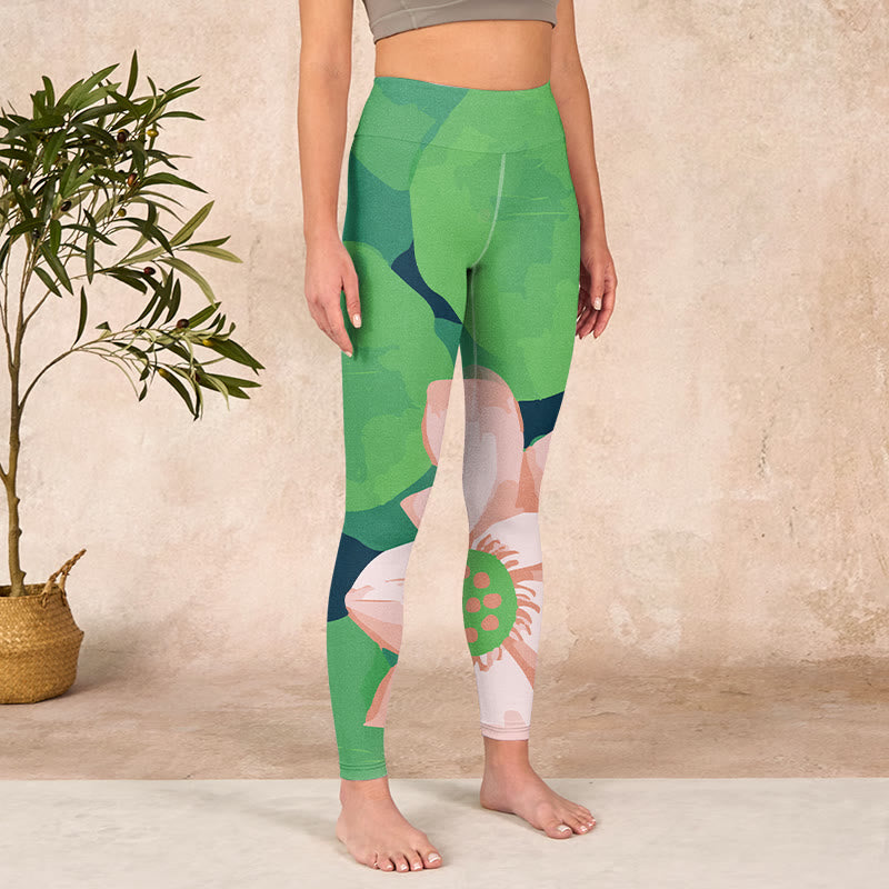 Buddha Stones Green Lotus Flower Leaf Print Sports Fitness Leggings Women's Yoga Pants - image 3