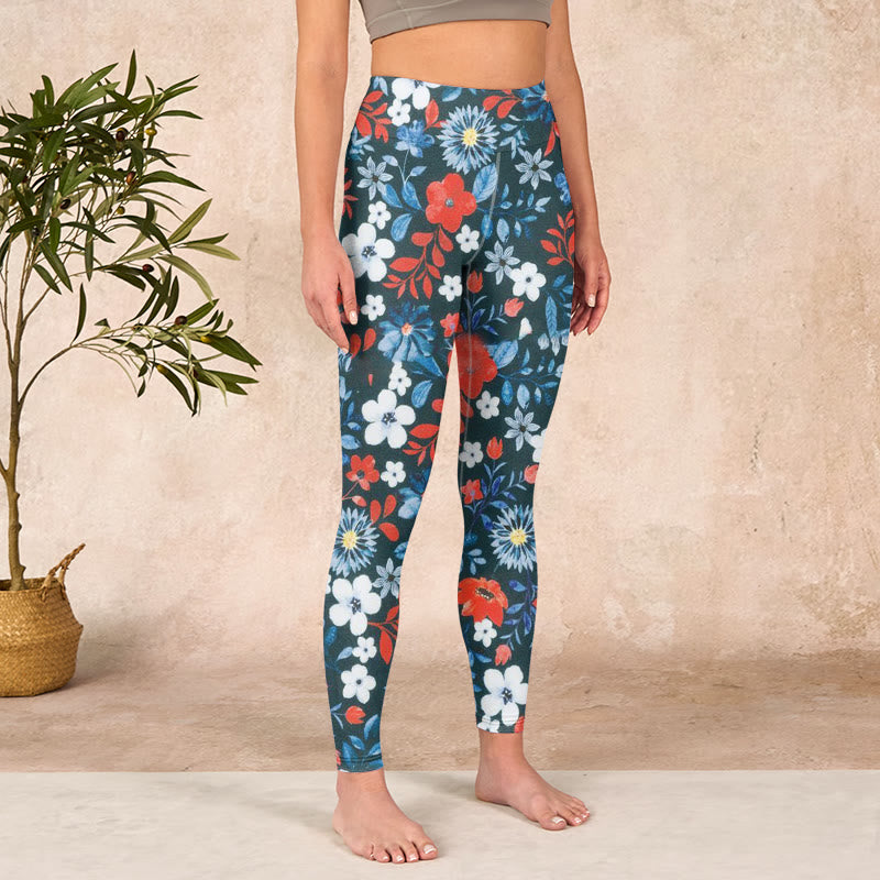 Buddha Stones Red White Flower Dandelion Print Gym Fitness Leggings Women's Yoga Pants - image 3