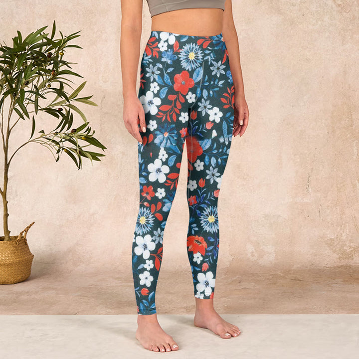 Buddha Stones Red White Flower Dandelion Print Gym Fitness Leggings Women's Yoga Pants - image 3