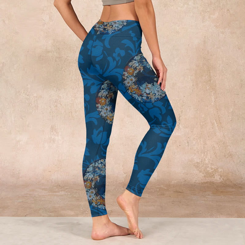 Buddha Stones Dark Blue Flowers In Bloom Print Sports Leggings Women's Yoga Pants - image 2
