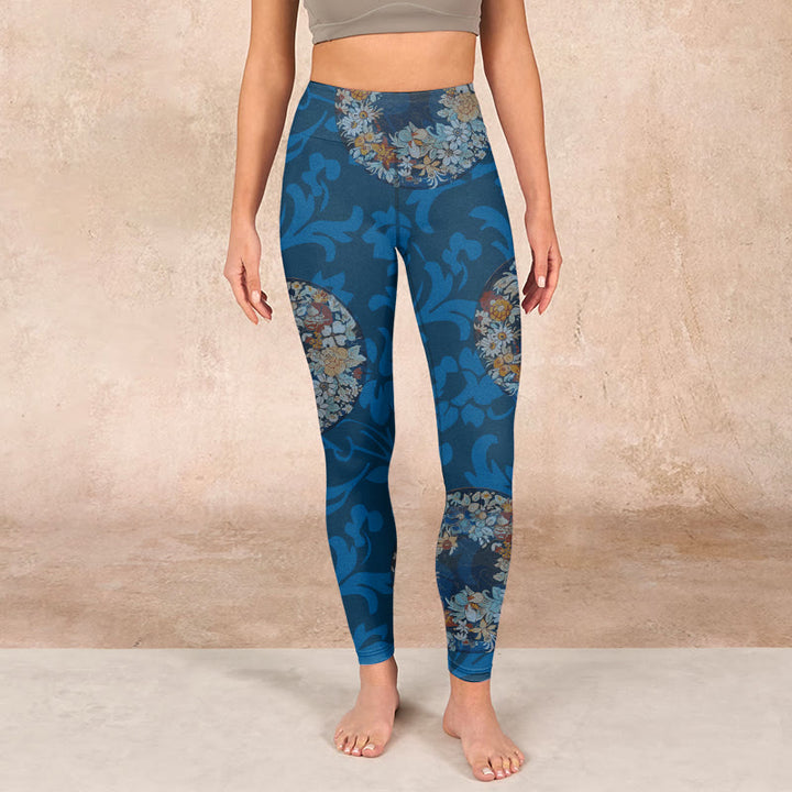 Buddha Stones Dark Blue Flowers In Bloom Print Sports Leggings Women's Yoga Pants - image 1