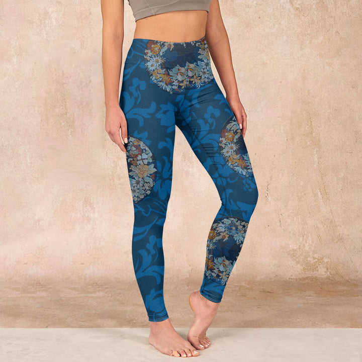 Buddha Stones Dark Blue Flowers In Bloom Print Sports Leggings Women's Yoga Pants - SteelBlue - US18,UK/AU22,EU50 (4XL) - image 0
