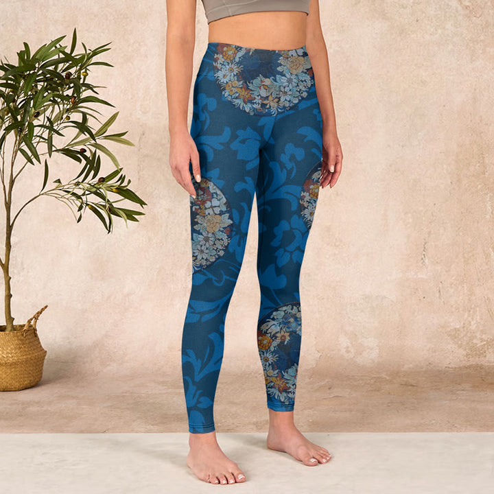 Buddha Stones Dark Blue Flowers In Bloom Print Sports Leggings Women's Yoga Pants - image 3