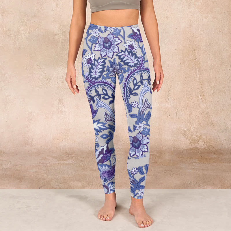 Buddha Stones Purple Flower Leaves Print Gym Fitness Leggings Women's Yoga Pants - image 1