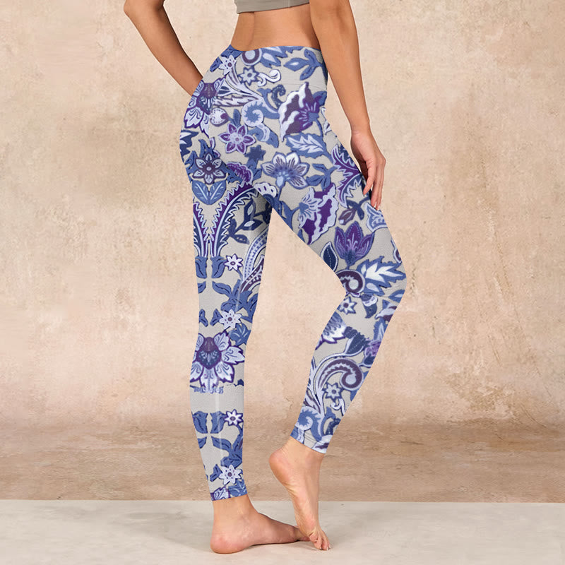 Buddha Stones Purple Flower Leaves Print Gym Fitness Leggings Women's Yoga Pants - image 2