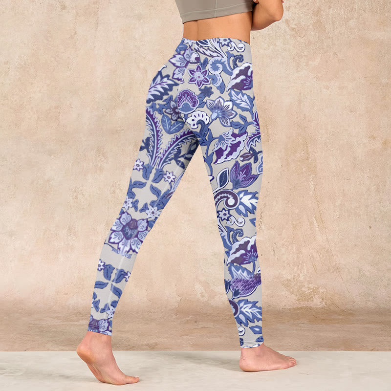 Buddha Stones Purple Flower Leaves Print Gym Fitness Leggings Women's Yoga Pants - image 4
