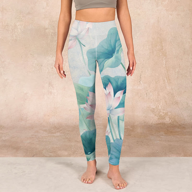 Buddha Stones Blooming  White Pink Lotus Leaves Print Gym Leggings Women's Yoga Pants - image 1