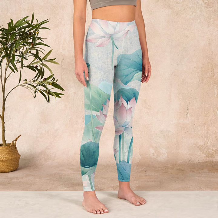 Buddha Stones Blooming  White Pink Lotus Leaves Print Gym Leggings Women's Yoga Pants - image 3