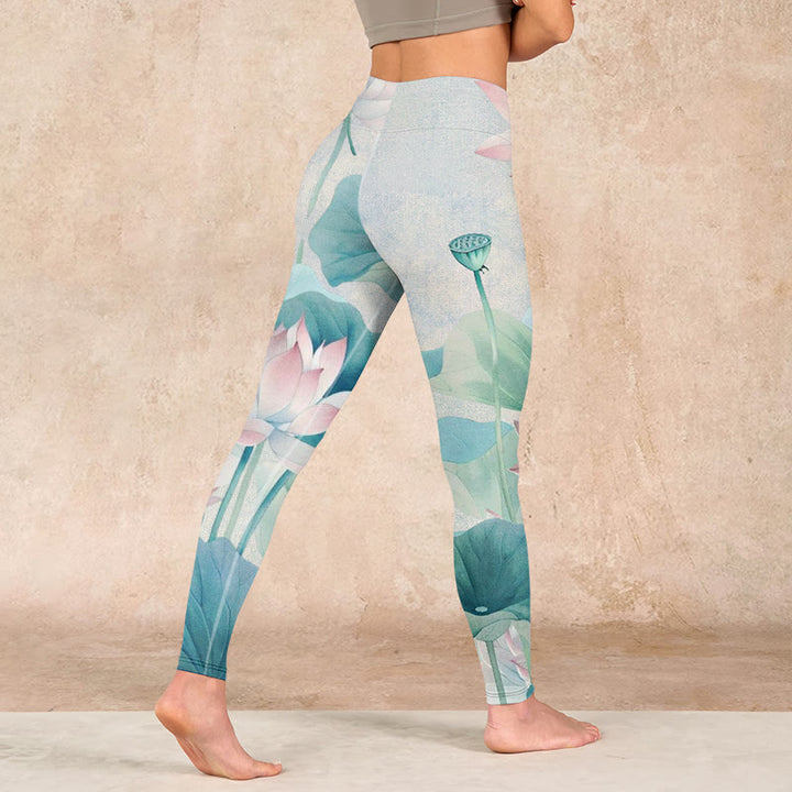 Buddha Stones Blooming  White Pink Lotus Leaves Print Gym Leggings Women's Yoga Pants - image 4
