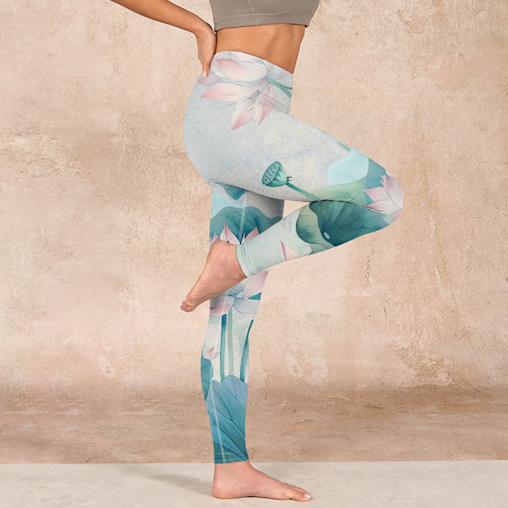 Buddha Stones Blooming  White Pink Lotus Leaves Print Gym Leggings Women's Yoga Pants - image 15