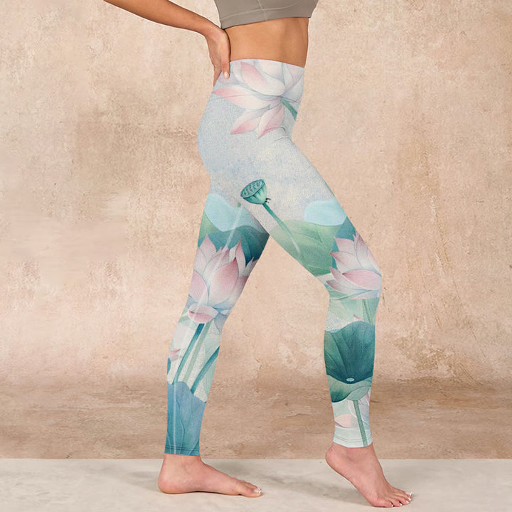 Buddha Stones Blooming  White Pink Lotus Leaves Print Gym Leggings Women's Yoga Pants - image 14