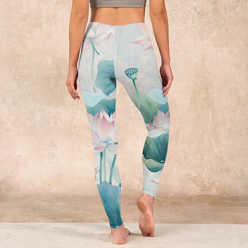 Buddha Stones Blooming  White Pink Lotus Leaves Print Gym Leggings Women's Yoga Pants - image 16