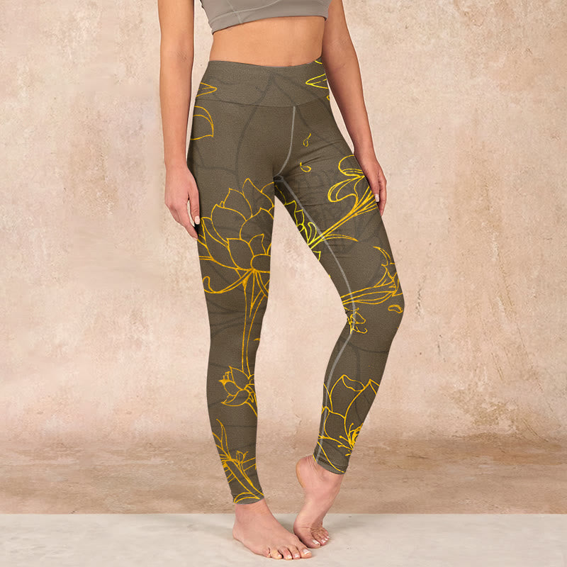Buddha Stones Yellowish Brown Lotus Flower Lotus Leaf Print Gym Leggings Women's Yoga Pants - DarkGoldenrod - US18,UK/AU22,EU50 (4XL) - image 0