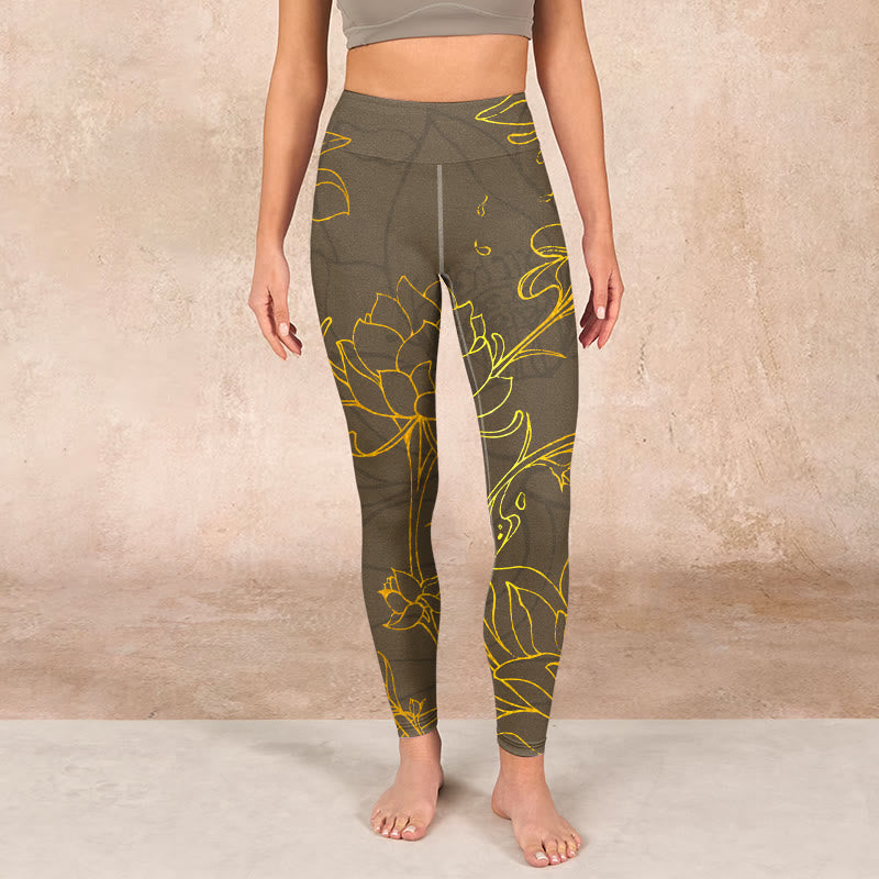 Buddha Stones Yellowish Brown Lotus Flower Lotus Leaf Print Gym Leggings Women's Yoga Pants - image 1
