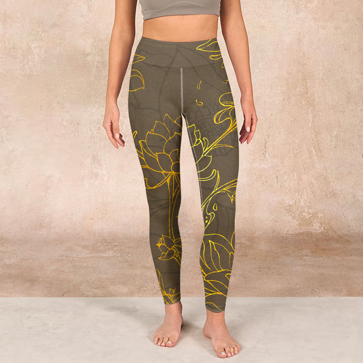 Buddha Stones Yellowish Brown Lotus Flower Lotus Leaf Print Gym Leggings Women's Yoga Pants - image 1