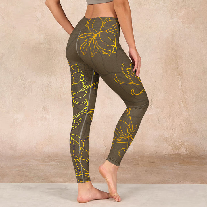 Buddha Stones Yellowish Brown Lotus Flower Lotus Leaf Print Gym Leggings Women's Yoga Pants - image 2