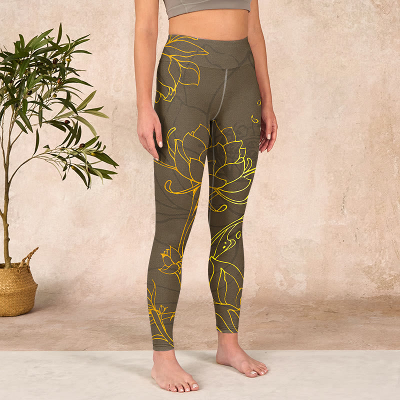 Buddha Stones Yellowish Brown Lotus Flower Lotus Leaf Print Gym Leggings Women's Yoga Pants - image 3