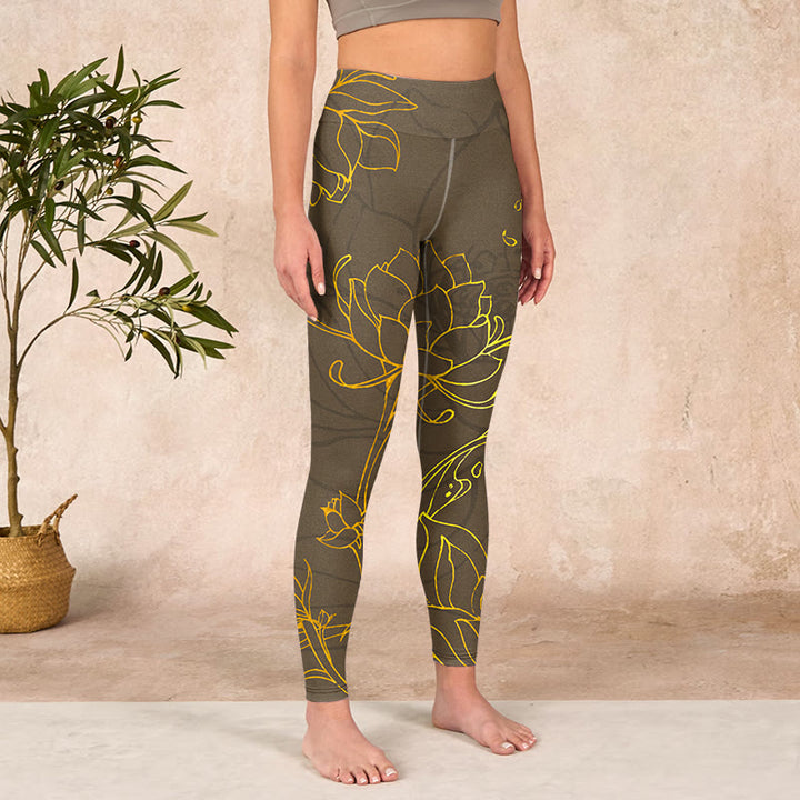 Buddha Stones Yellowish Brown Lotus Flower Lotus Leaf Print Gym Leggings Women's Yoga Pants - image 3