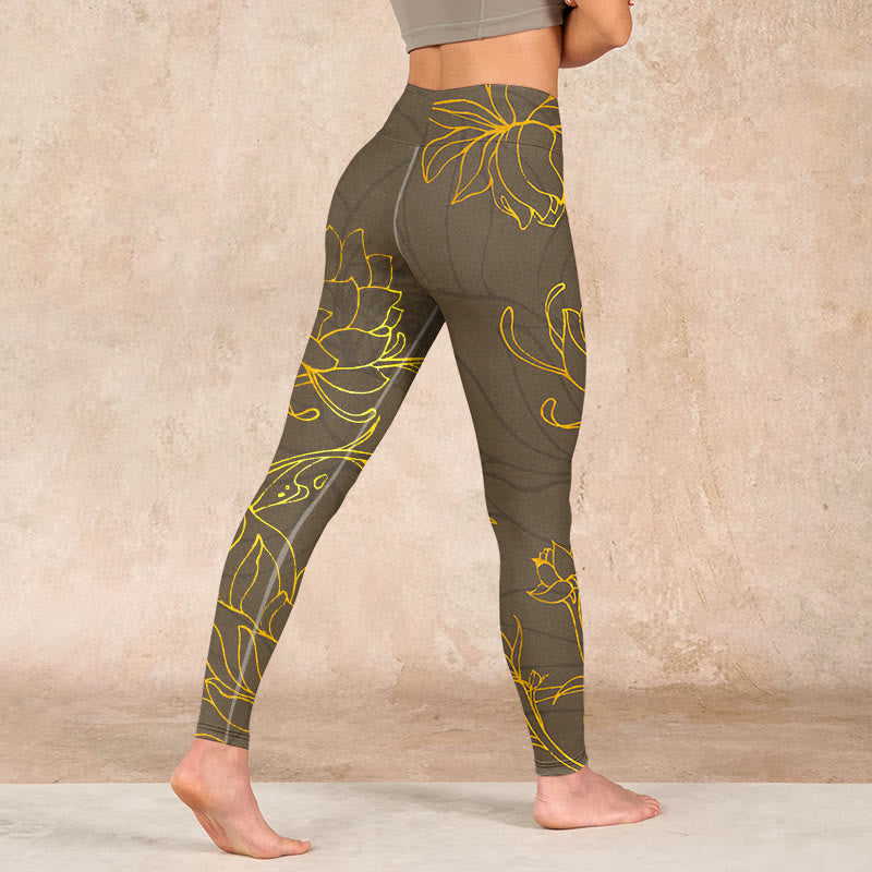 Buddha Stones Yellowish Brown Lotus Flower Lotus Leaf Print Gym Leggings Women's Yoga Pants - image 4