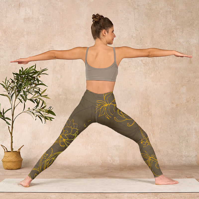 Buddha Stones Yellowish Brown Lotus Flower Lotus Leaf Print Gym Leggings Women's Yoga Pants - image 11