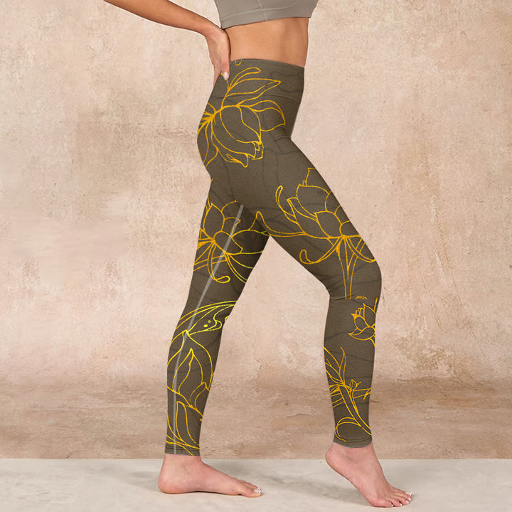 Buddha Stones Yellowish Brown Lotus Flower Lotus Leaf Print Gym Leggings Women's Yoga Pants - image 16