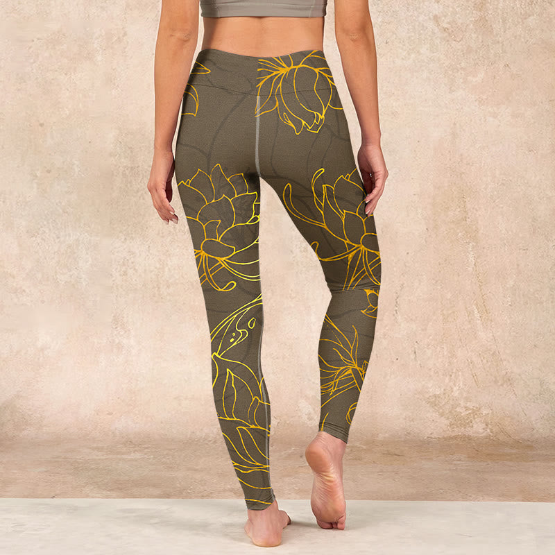 Buddha Stones Yellowish Brown Lotus Flower Lotus Leaf Print Gym Leggings Women's Yoga Pants - image 15