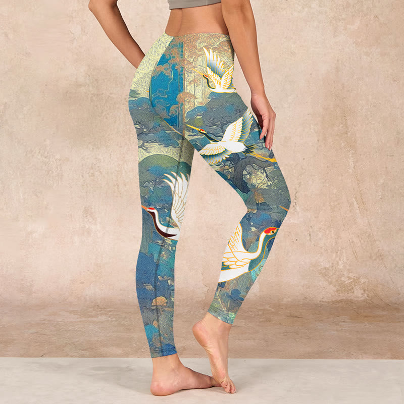 Buddha Stones Blue Red-crowned Crane Pine Tree Print Gym Leggings Women's Yoga Pants - image 2