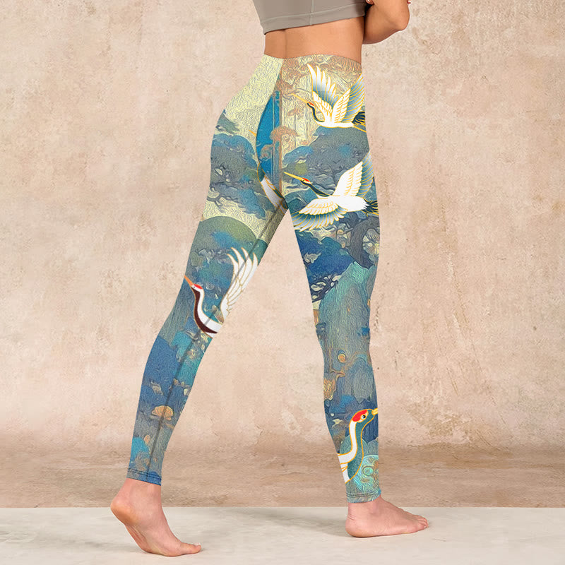 Buddha Stones Blue Red-crowned Crane Pine Tree Print Gym Leggings Women's Yoga Pants - image 4