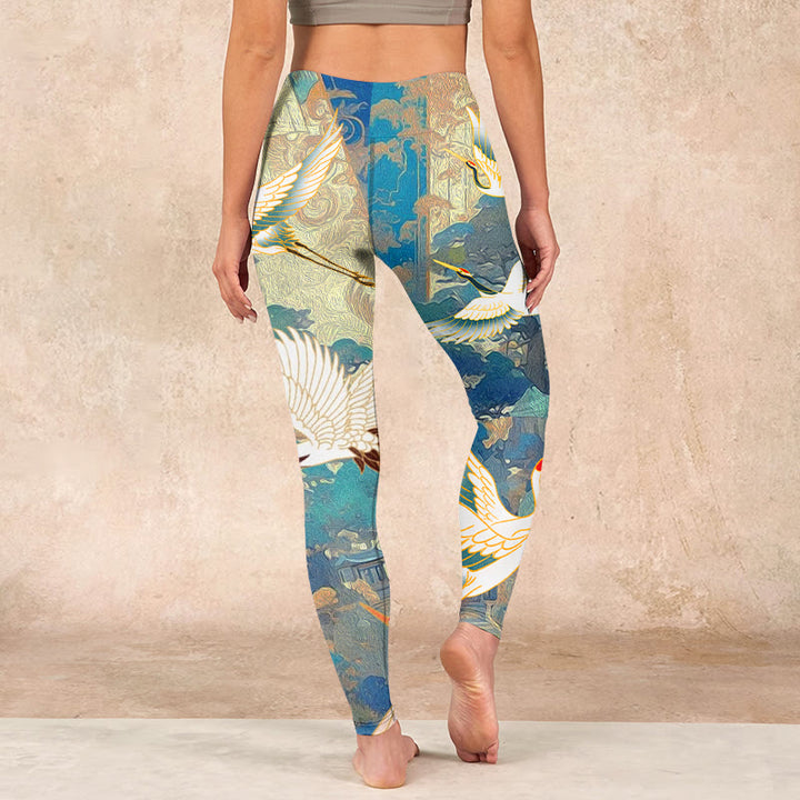 Buddha Stones Blue Red-crowned Crane Pine Tree Print Gym Leggings Women's Yoga Pants - image 14