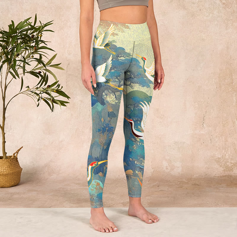 Buddha Stones Blue Red-crowned Crane Pine Tree Print Gym Leggings Women's Yoga Pants - image 3
