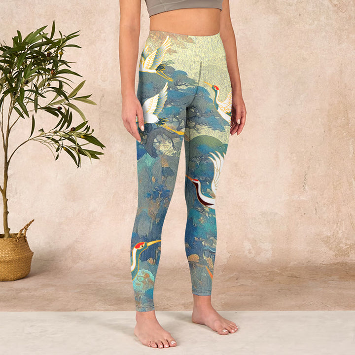 Buddha Stones Blue Red-crowned Crane Pine Tree Print Gym Leggings Women's Yoga Pants - image 3
