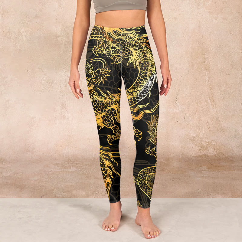 Buddha Stones Golden Dragon Print Gym Leggings Women's Yoga Pants - image 1